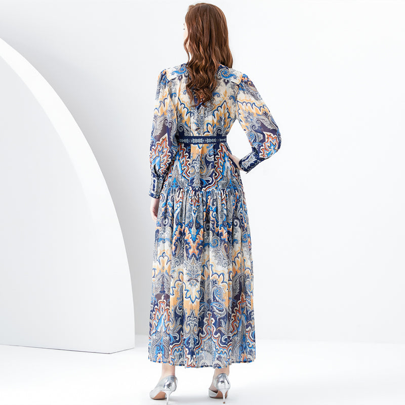 CM-DY001106 Women Retro European Style Stand Collar Lantern Sleeve Maxi Dress