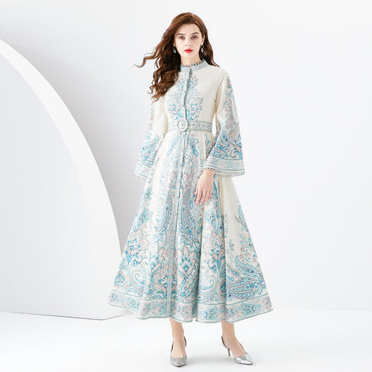 CM-DY001109 Women Retro European Style Stand Collar Trumpet Sleeve Maxi Dress