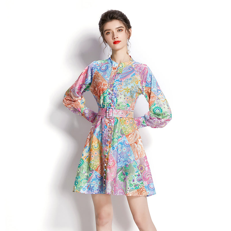 CM-DY001111 Women Elegant European Style Stand Collar Long Sleeve Mini Dress