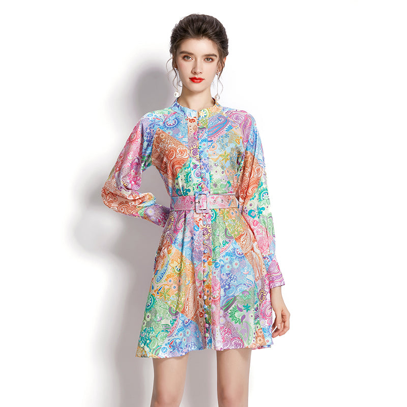 CM-DY001111 Women Elegant European Style Stand Collar Long Sleeve Mini Dress