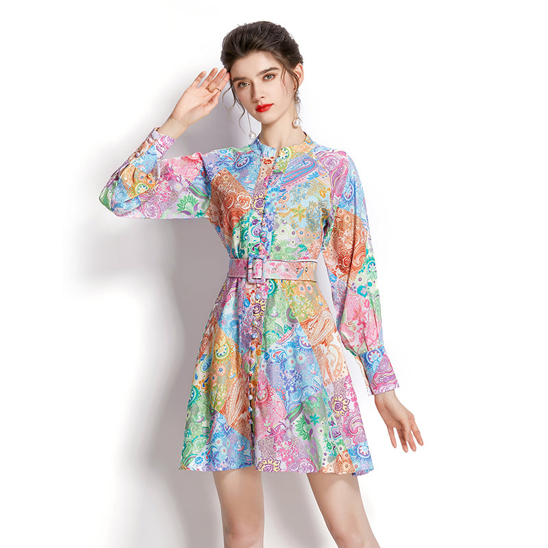 CM-DY001111 Women Elegant European Style Stand Collar Long Sleeve Mini Dress