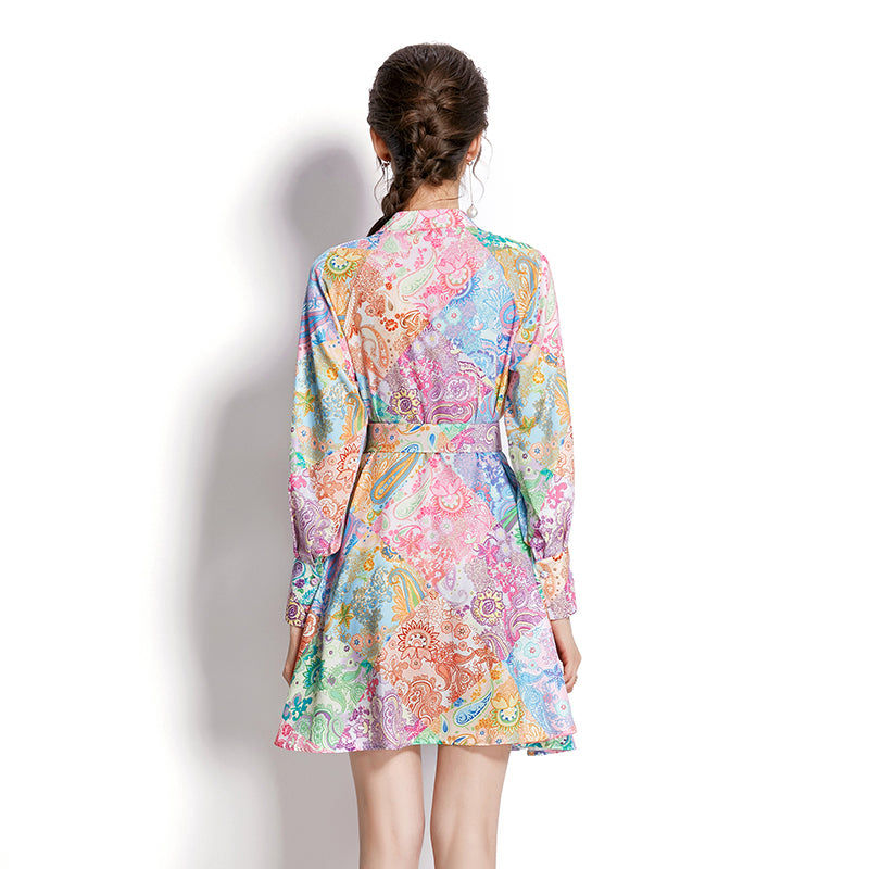 CM-DY001111 Women Elegant European Style Stand Collar Long Sleeve Mini Dress