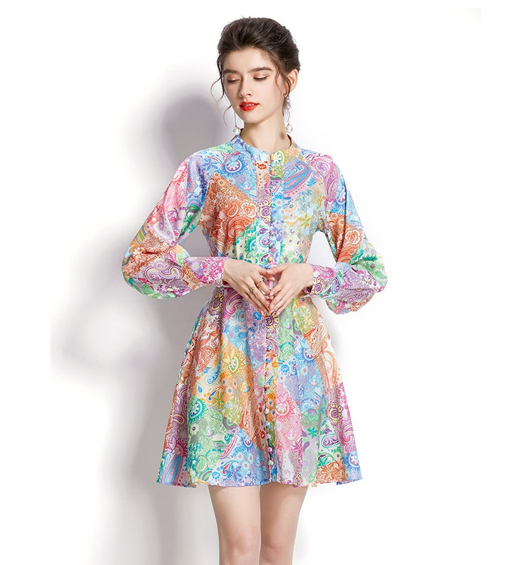 CM-DY001111 Women Elegant European Style Stand Collar Long Sleeve Mini Dress