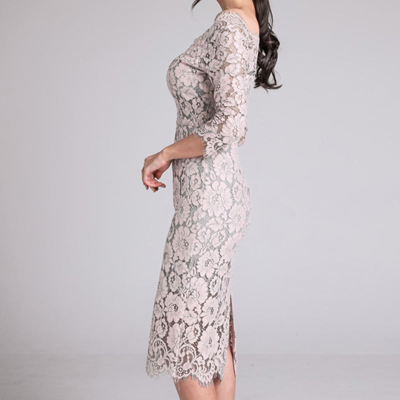 CM-DY001177 Women Elegant Seoul Style Lace Horizontal Collar 3/4 Sleeve Slim Dress