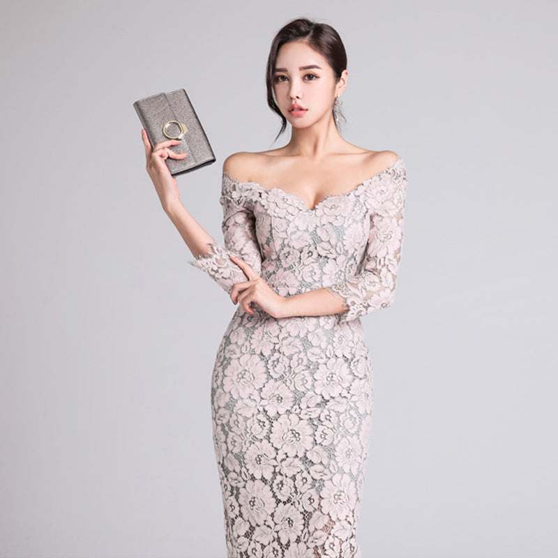 CM-DY001177 Women Elegant Seoul Style Lace Horizontal Collar 3/4 Sleeve Slim Dress