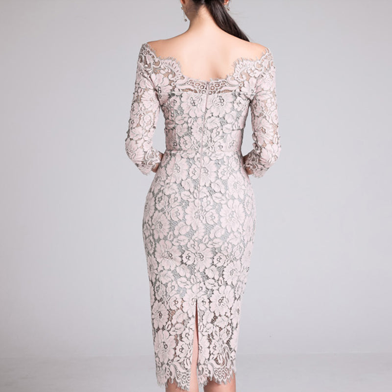 CM-DY001177 Women Elegant Seoul Style Lace Horizontal Collar 3/4 Sleeve Slim Dress