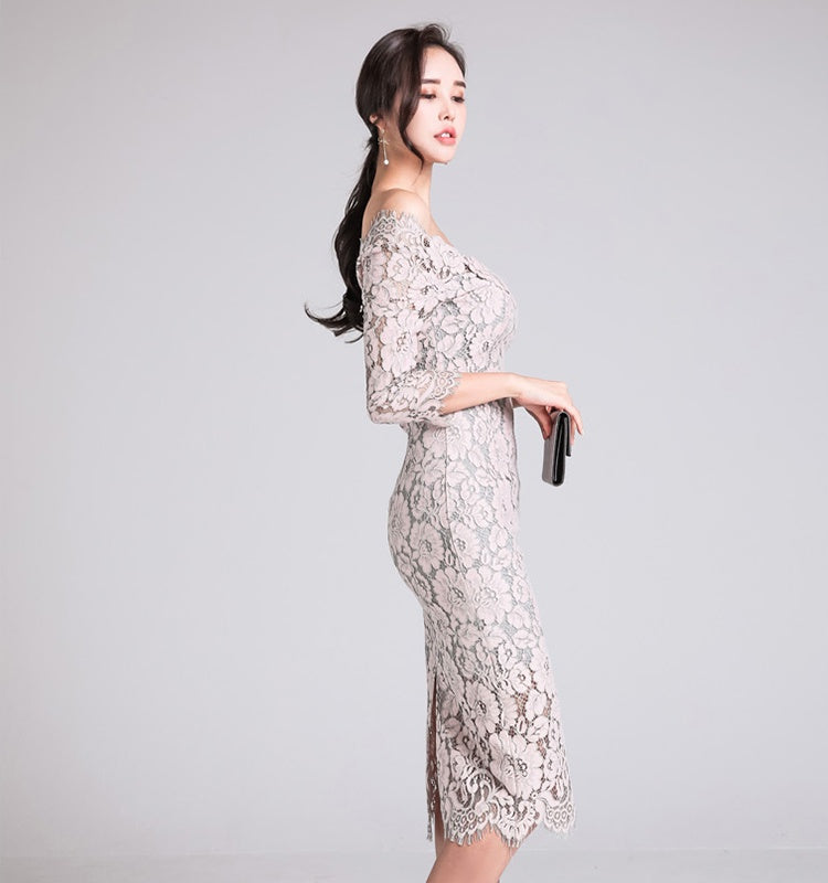 CM-DY001177 Women Elegant Seoul Style Lace Horizontal Collar 3/4 Sleeve Slim Dress