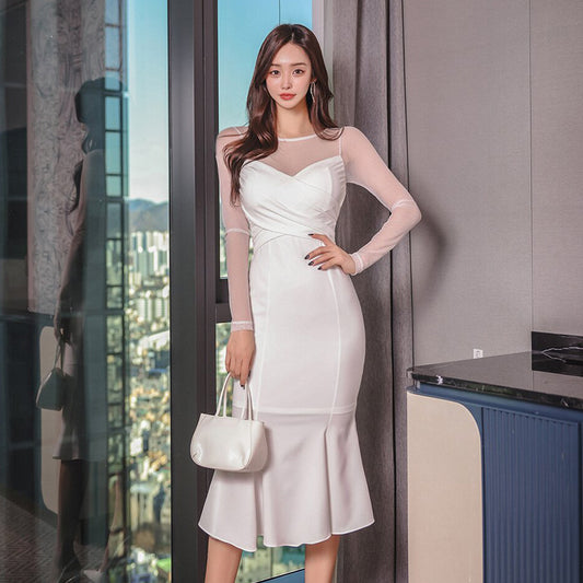 CM-DY001181 Women Elegant Seoul Style Round Neck Long Sleeve Mermaid Dress - White