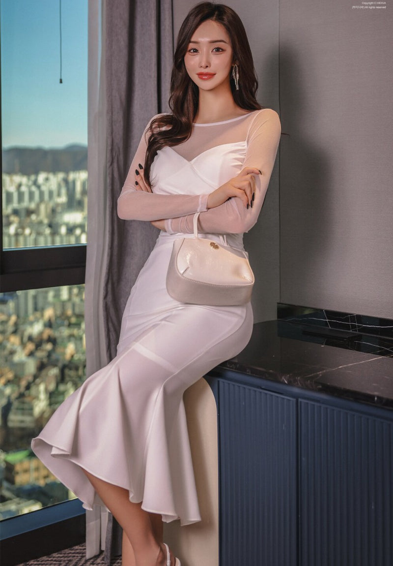 CM-DY001181 Women Elegant Seoul Style Round Neck Long Sleeve Mermaid Dress - White