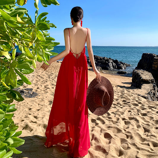 CM-DY001376 Women Trendy Bohemian Style Sleeveless Backless Maxi Dress - Red