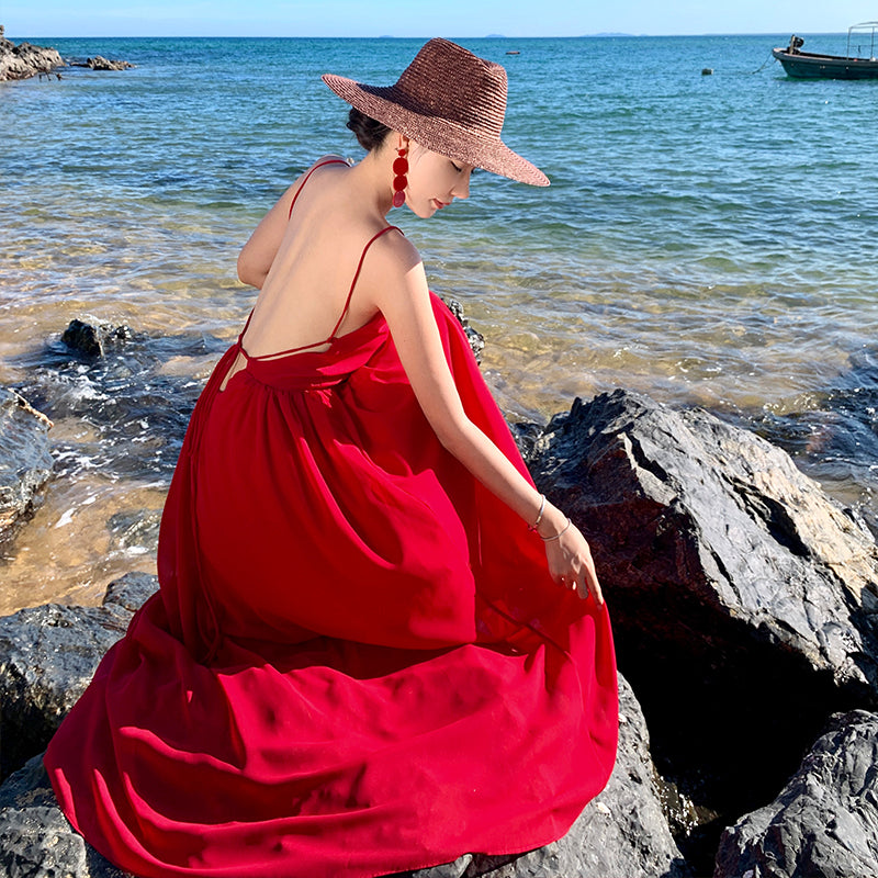 CM-DY001376 Women Trendy Bohemian Style Sleeveless Backless Maxi Dress - Red