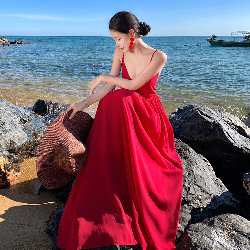 CM-DY001376 Women Trendy Bohemian Style Sleeveless Backless Maxi Dress - Red
