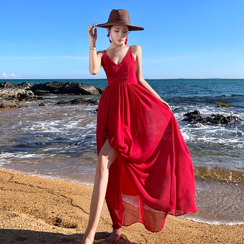 CM-DY001376 Women Trendy Bohemian Style Sleeveless Backless Maxi Dress - Red