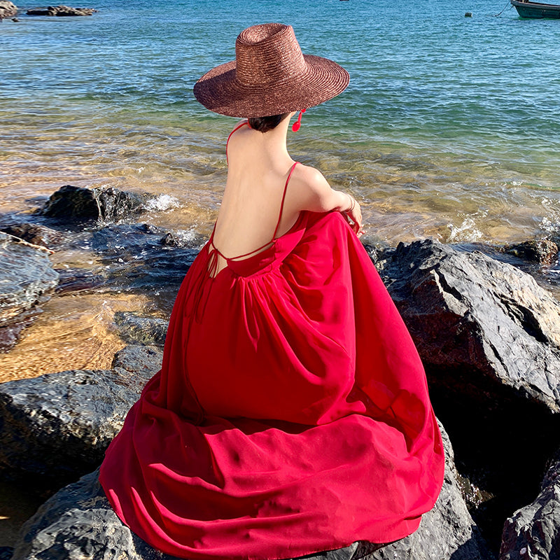 CM-DY001376 Women Trendy Bohemian Style Sleeveless Backless Maxi Dress - Red