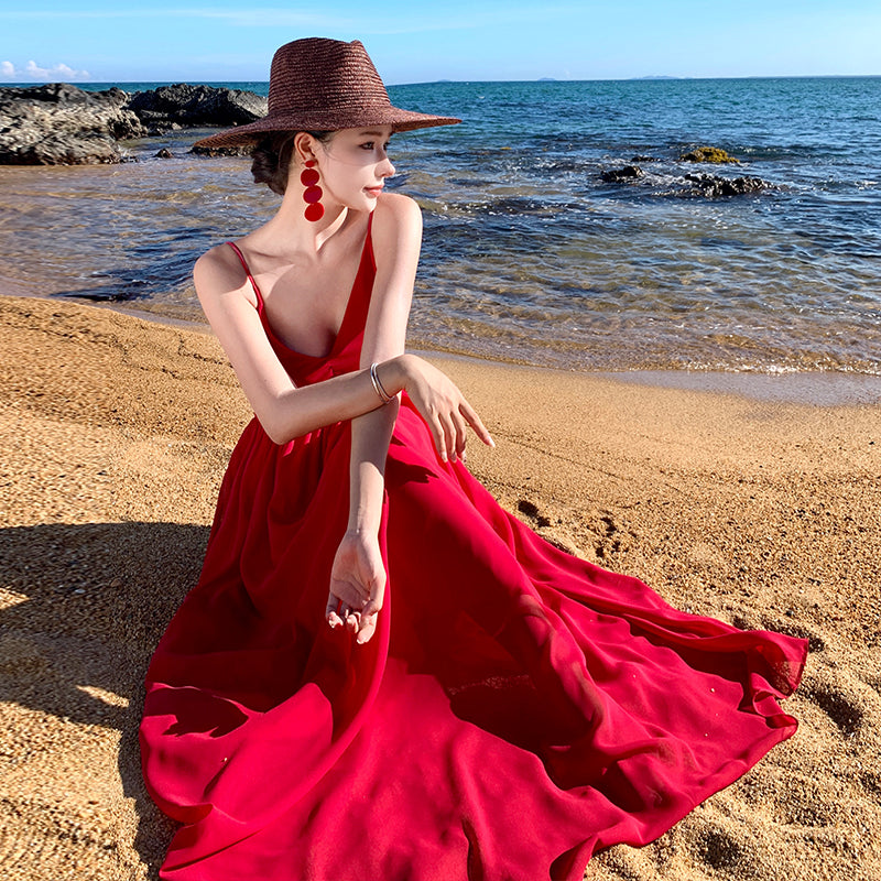 CM-DY001376 Women Trendy Bohemian Style Sleeveless Backless Maxi Dress - Red