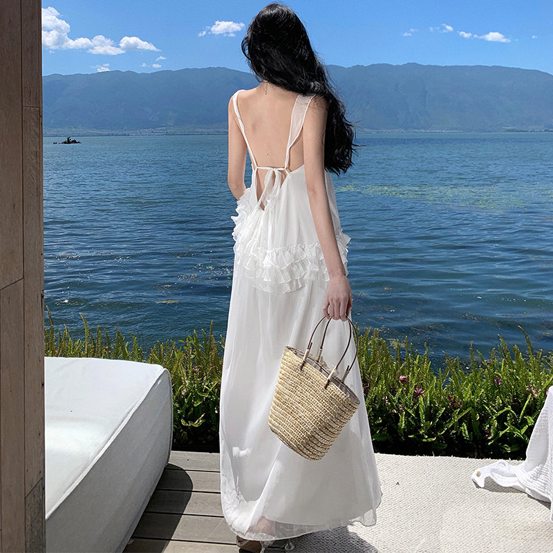 CM-DY001377 Women Trendy Bohemian Style Square Neck Sleeveless Maxi Dress - White
