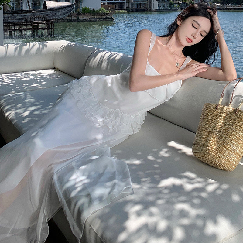CM-DY001377 Women Trendy Bohemian Style Square Neck Sleeveless Maxi Dress - White