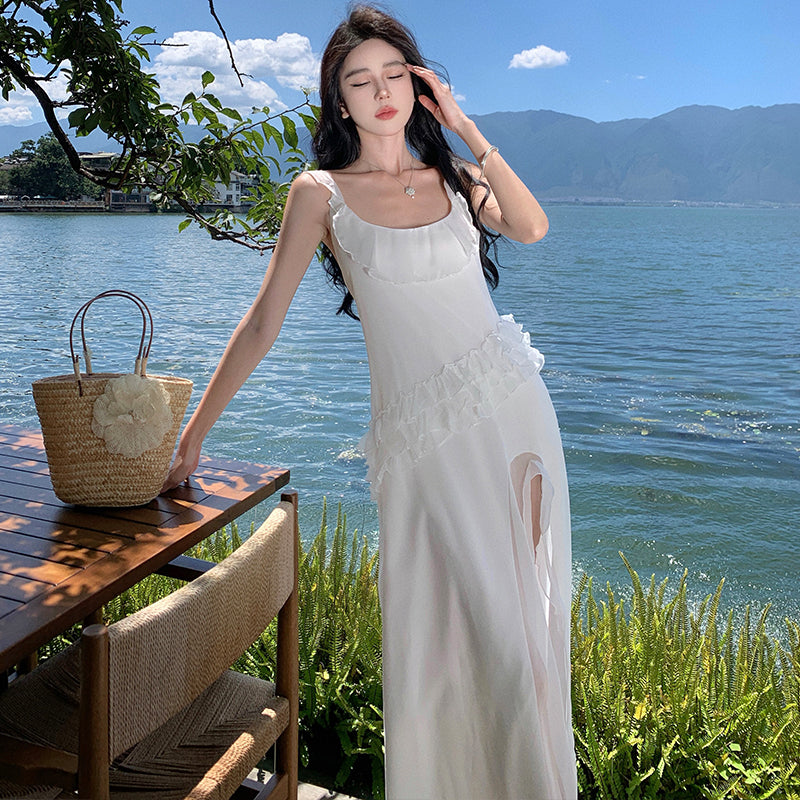 CM-DY001377 Women Trendy Bohemian Style Square Neck Sleeveless Maxi Dress - White