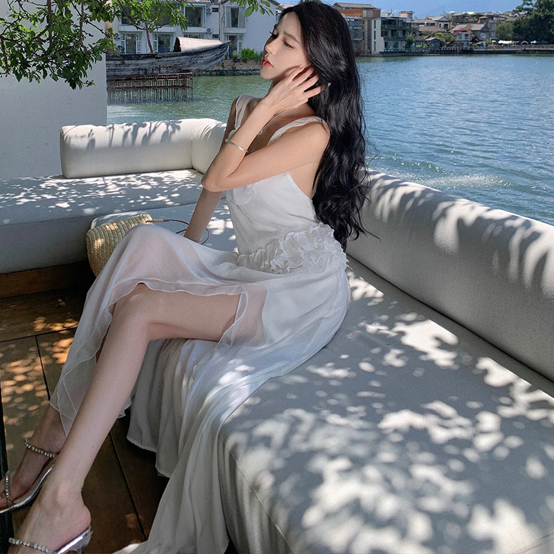 CM-DY001377 Women Trendy Bohemian Style Square Neck Sleeveless Maxi Dress - White