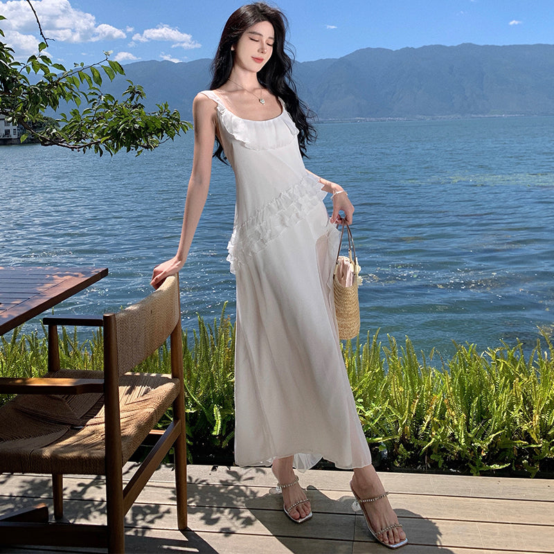 CM-DY001377 Women Trendy Bohemian Style Square Neck Sleeveless Maxi Dress - White
