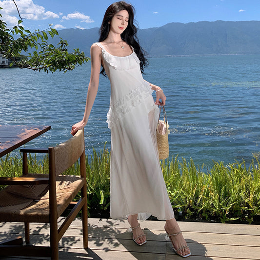CM-DY001377 Women Trendy Bohemian Style Square Neck Sleeveless Maxi Dress - White