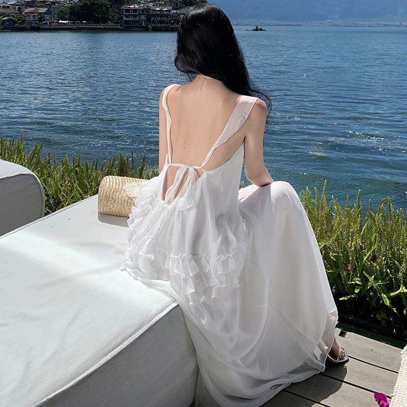 CM-DY001377 Women Trendy Bohemian Style Square Neck Sleeveless Maxi Dress - White