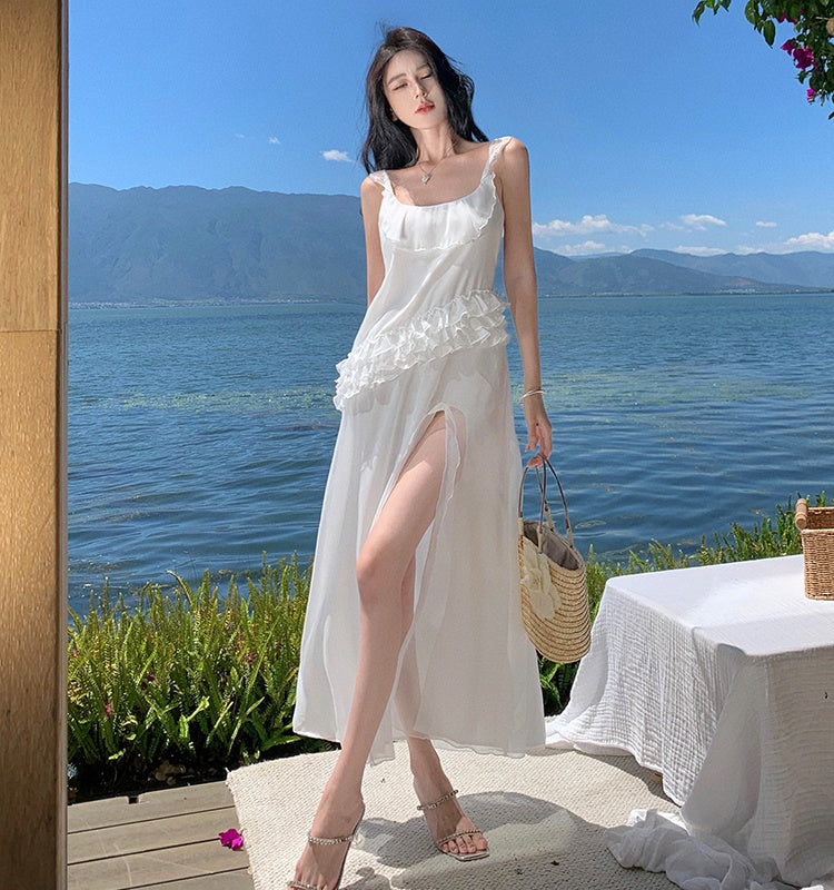 CM-DY001377 Women Trendy Bohemian Style Square Neck Sleeveless Maxi Dress - White