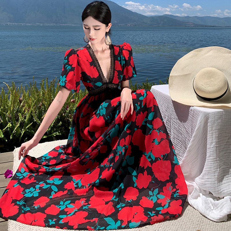 CM-DY001384 Women Elegant European Style Lace V-Neck Puff Sleeve Splice Dress