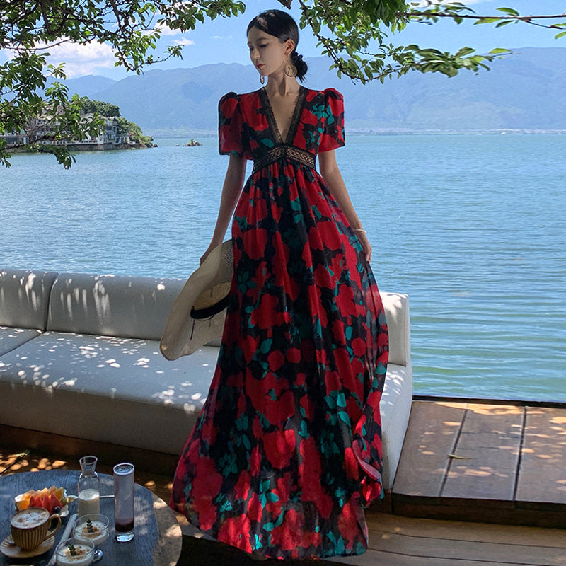 CM-DY001384 Women Elegant European Style Lace V-Neck Puff Sleeve Splice Dress