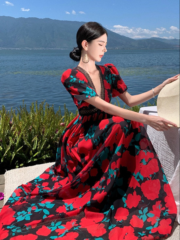 CM-DY001384 Women Elegant European Style Lace V-Neck Puff Sleeve Splice Dress
