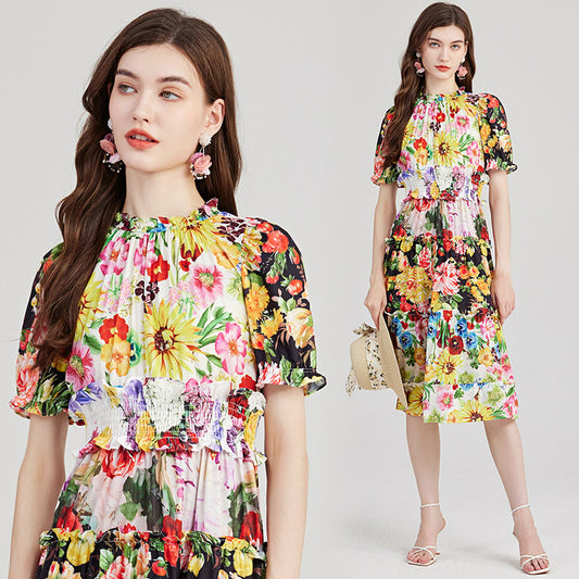 CM-DY001405 Women Casual European Stule Stand Collar Short Sleeve Midi Dress