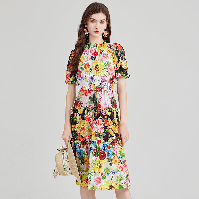 CM-DY001405 Women Casual European Stule Stand Collar Short Sleeve Midi Dress