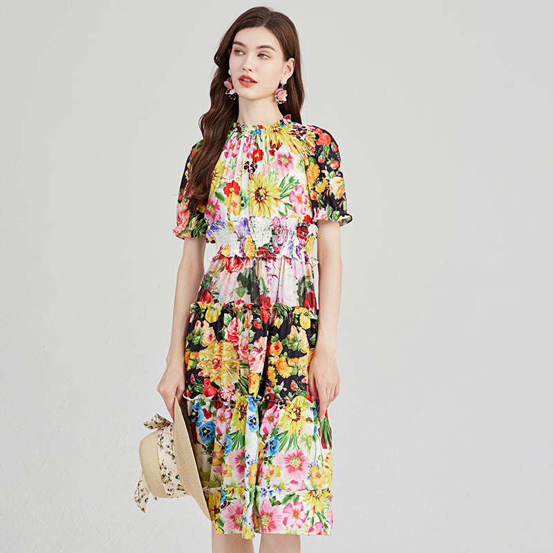 CM-DY001405 Women Casual European Stule Stand Collar Short Sleeve Midi Dress