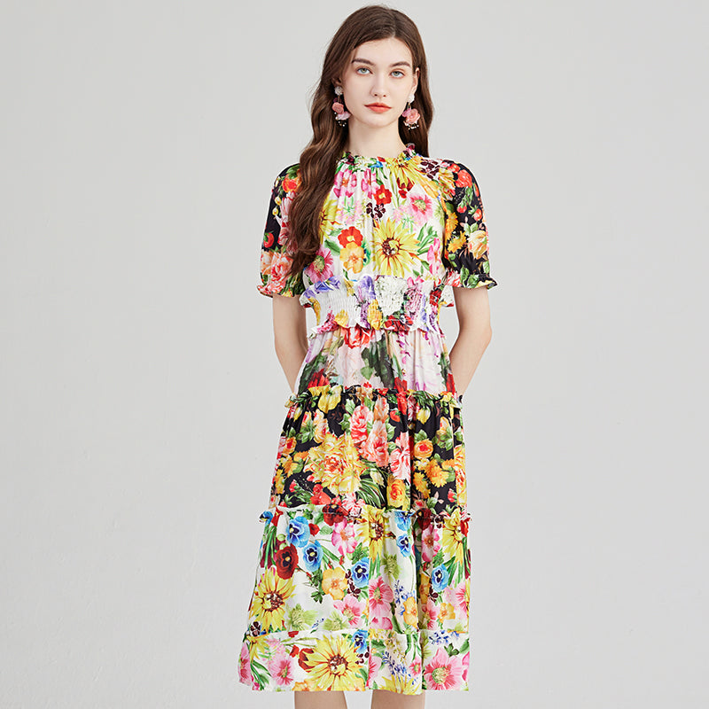 CM-DY001405 Women Casual European Stule Stand Collar Short Sleeve Midi Dress