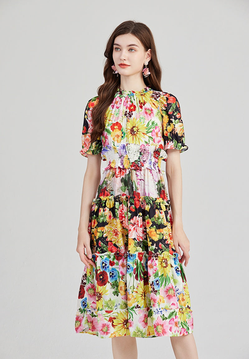 CM-DY001405 Women Casual European Stule Stand Collar Short Sleeve Midi Dress