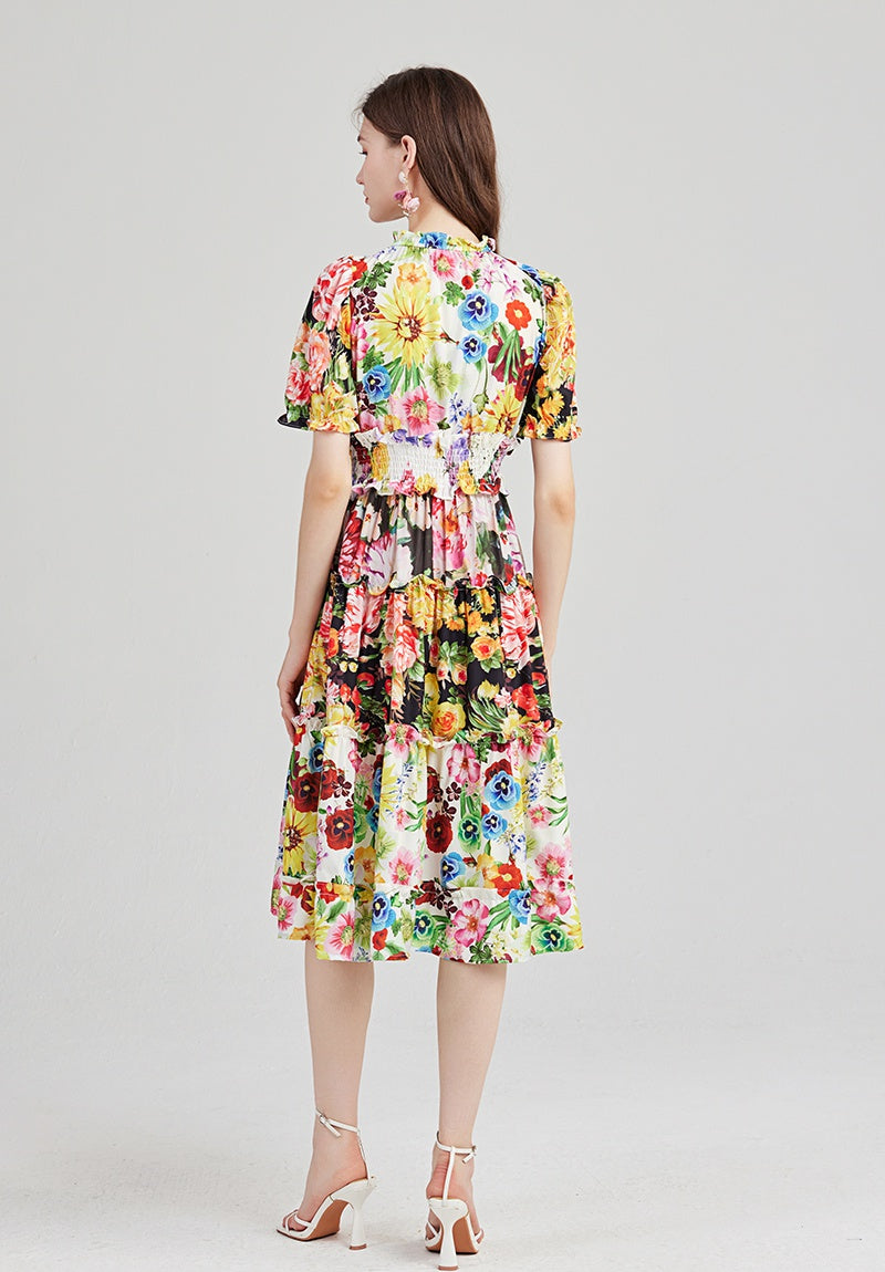 CM-DY001405 Women Casual European Stule Stand Collar Short Sleeve Midi Dress
