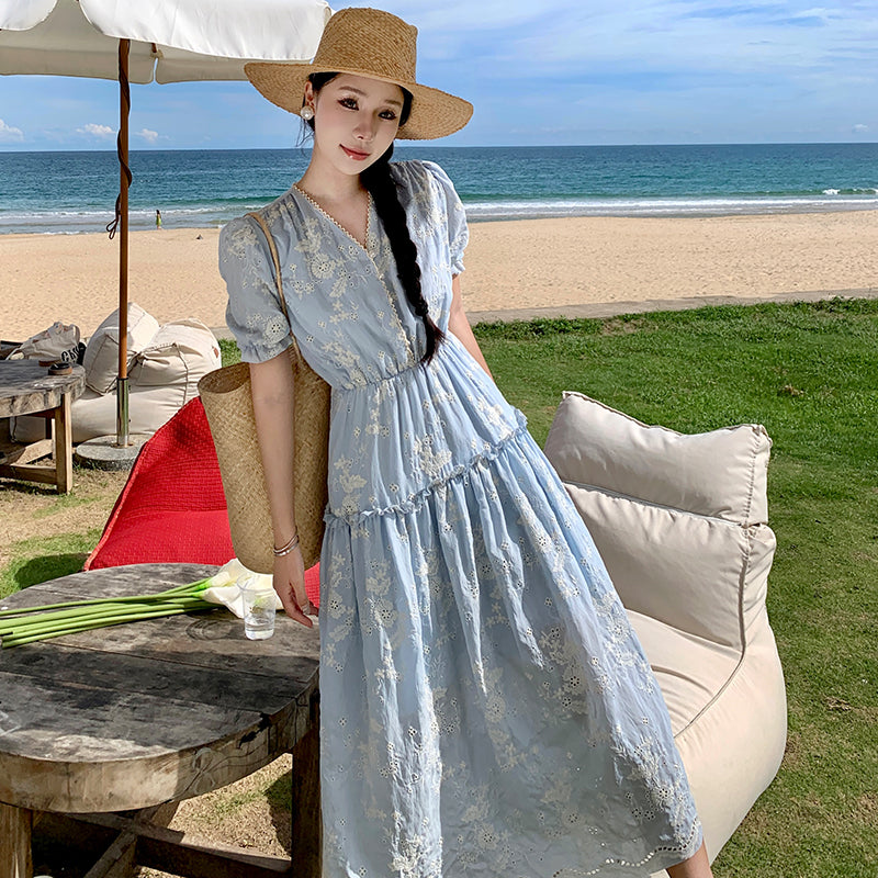 CM-DY001416 Women Trendy Bohemian Style Embroidery Short Sleeve Ruffle Dress