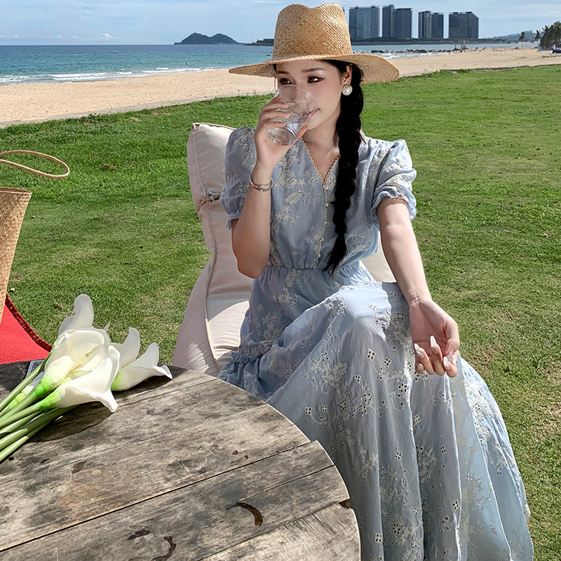 CM-DY001416 Women Trendy Bohemian Style Embroidery Short Sleeve Ruffle Dress
