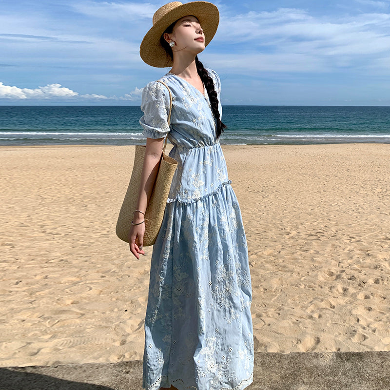 CM-DY001416 Women Trendy Bohemian Style Embroidery Short Sleeve Ruffle Dress