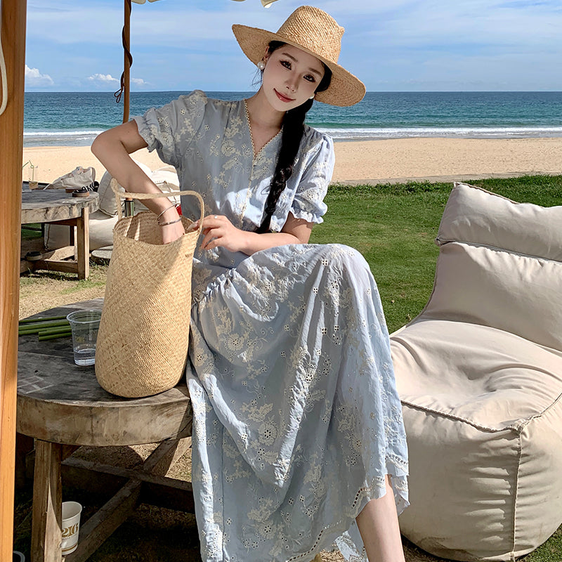 CM-DY001416 Women Trendy Bohemian Style Embroidery Short Sleeve Ruffle Dress