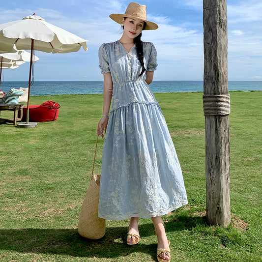 CM-DY001416 Women Trendy Bohemian Style Embroidery Short Sleeve Ruffle Dress