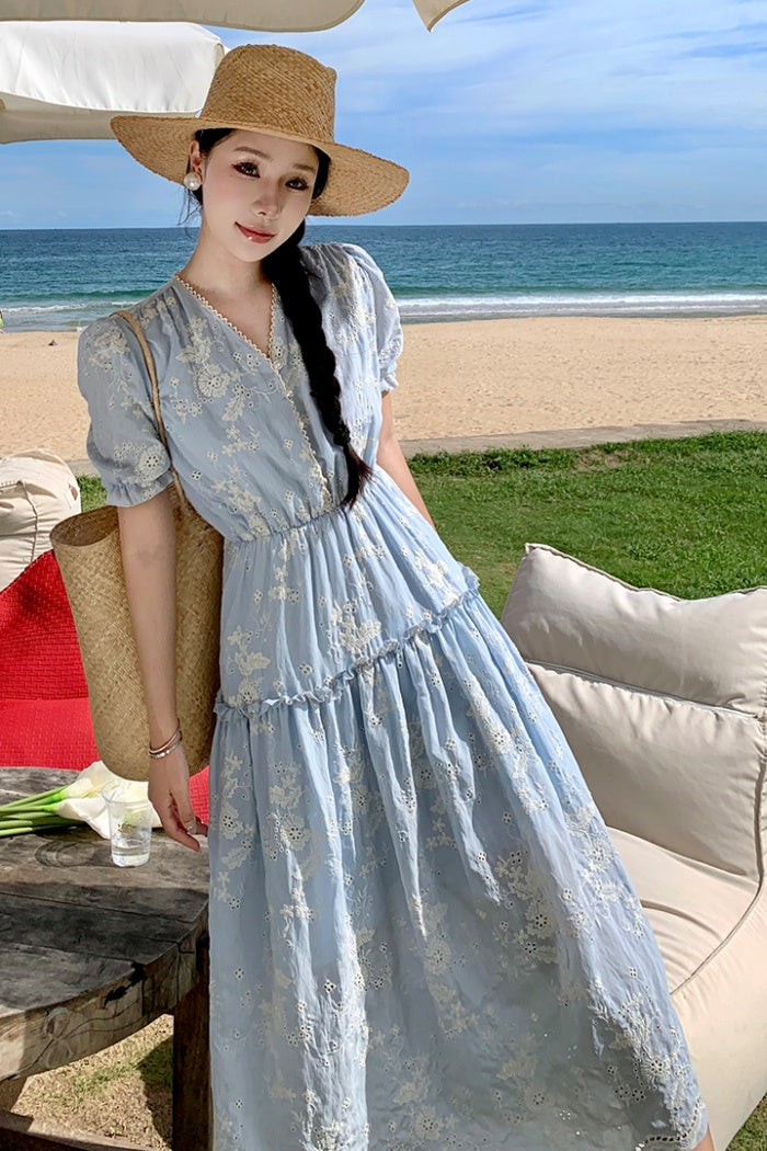 CM-DY001416 Women Trendy Bohemian Style Embroidery Short Sleeve Ruffle Dress