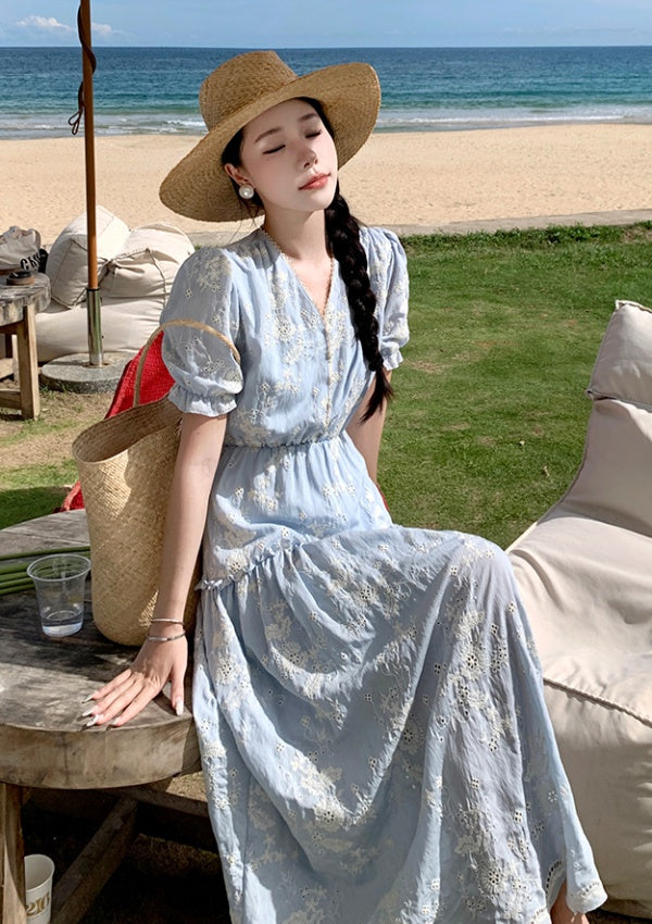 CM-DY001416 Women Trendy Bohemian Style Embroidery Short Sleeve Ruffle Dress