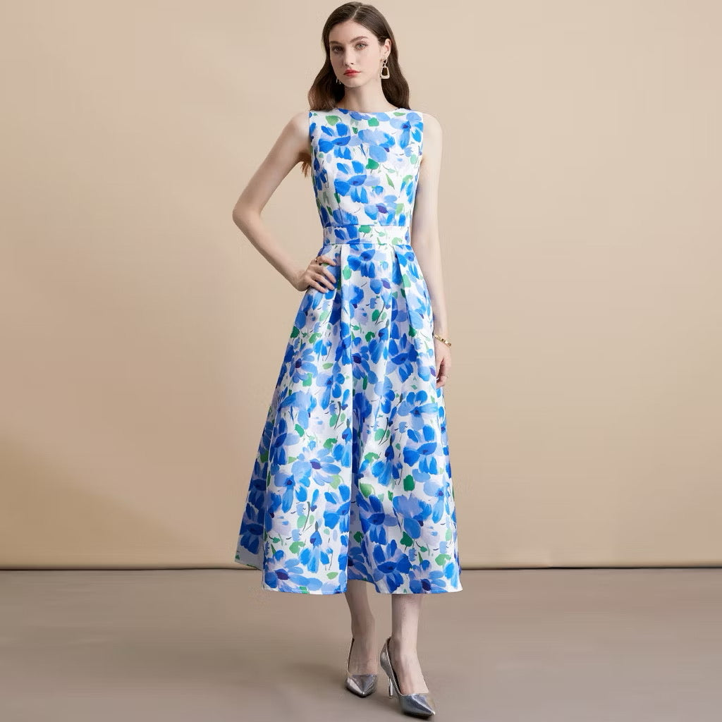 CM-DY054105 Women Elegant European Style Round Neck Sleeveless Pinched Waist A-Line Midi Dress
