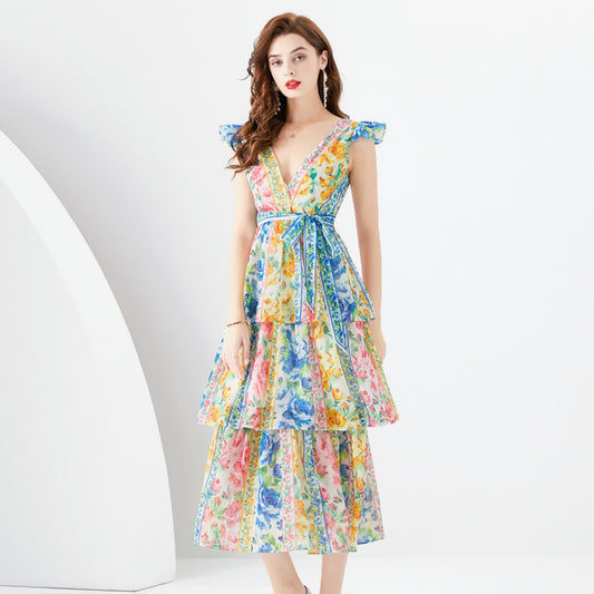 CM-DY001940 Women Elegant Eurpean Style V-Neck Sleeveless Cupcake Long Dress