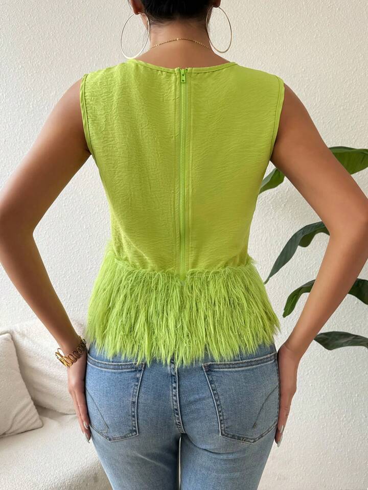 CM-TS346633 Women Casual Seoul Style Round Neck Sleeveless Loose Furry Hem Blouse - Green