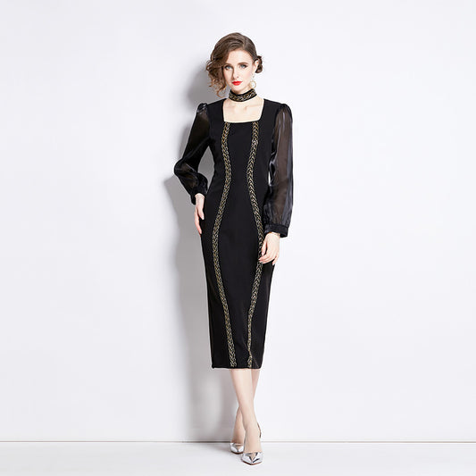 CM-DY002630 Women Elegant European Style Square Collar Long Sleeve Slim Dress - Black