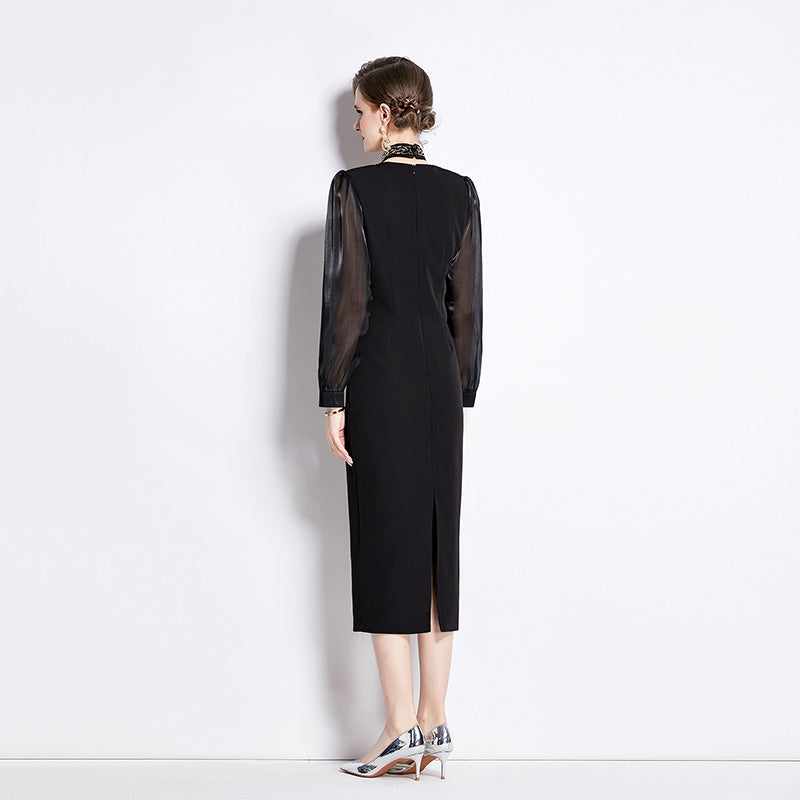 CM-DY002630 Women Elegant European Style Square Collar Long Sleeve Slim Dress - Black