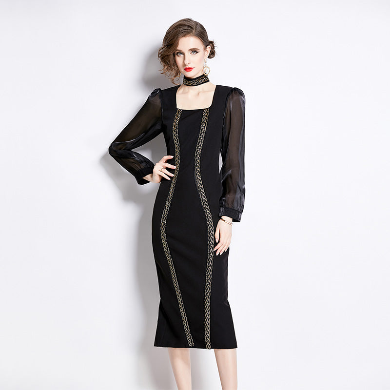 CM-DY002630 Women Elegant European Style Square Collar Long Sleeve Slim Dress - Black