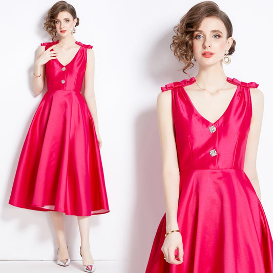 CM-DY002760 Women Elegant European Style V-Neck Sleeveless Midi Dress - Rose Red